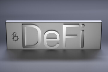 DEFI - Decentralized Finance blur metallic text. Business concept. 3D render.
