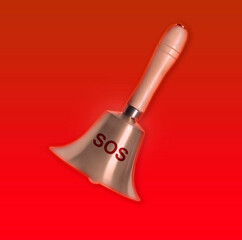 Golden bell with abbreviation SOS on red background