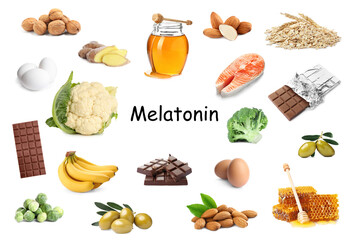 Different foods rich in melatonin that can help you sleep. Different tasty products on white...