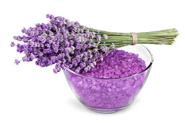 Lavender flowers and salt on background