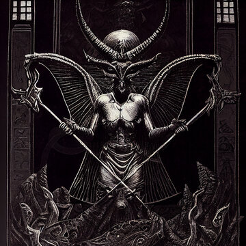 Baphomet statue gothic engraving illustration filigree background 