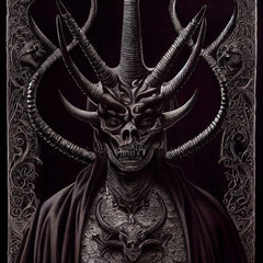 Horned Demon King gothic engraving illustration filigree background 