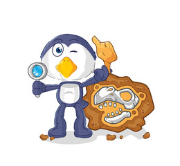 penguin archaeologists with fossils mascot. cartoon vector