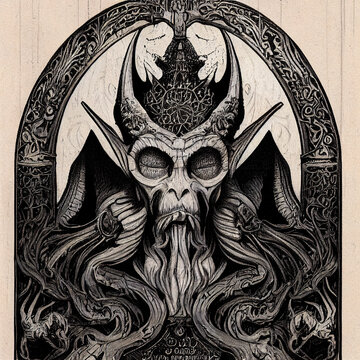 Horned Demon gothic engraving illustration filigree background