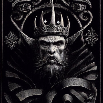 Horned demon King gothic engraving illustration filigree background