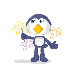 penguin with fireworks mascot. cartoon vector
