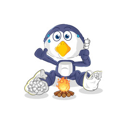 penguin roasting marshmallows. cartoon mascot vector