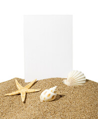 Starfish ,shells and card on Beach Sand. Close up