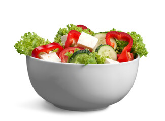 Diet meal. Vegetables salad in a bowl with digital weight scale