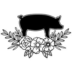 Cute Pig With Floral Silhouette Vector