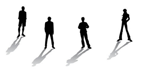 Black shadows of men standing in different poses. Vector illustration.