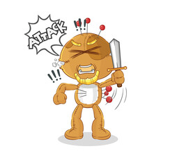 voodoo doll knights attack with sword. cartoon mascot vector