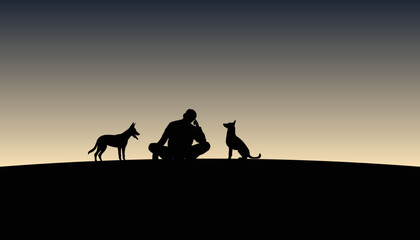 Fototapeta na wymiar Silhouette of a black man with a dog sitting on a dark background. Vector illustration.