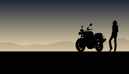 Silhouette of a woman standing beside a motorcycle on a dark background. Vector illustration.