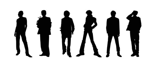 Black shadows of men standing in different poses. Vector illustration.