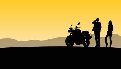 Silhouette of a woman and man standing beside a motorcycle on a dark background. Vector illustration.
