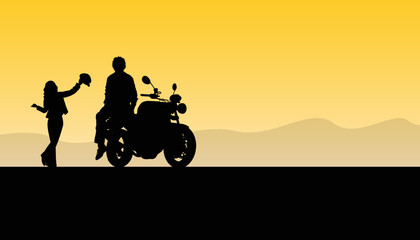 Obraz na płótnie Canvas Silhouette of a woman and man standing beside a motorcycle on a dark background. Vector illustration.