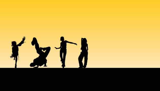 Black silhouettes of women and men in various exercise poses. Vector illustration.