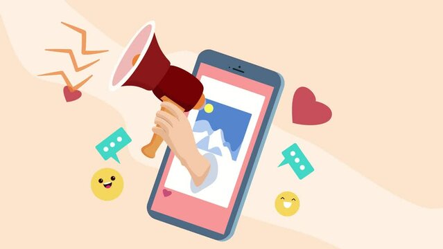 A megaphone inside a phone, social media