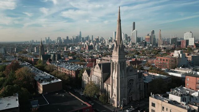 flying to the right of and past  historic church in Park Slope Brooklyn