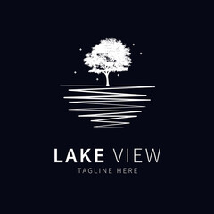 Lakeview logo. illustration of a lake with a night view of trees and stars