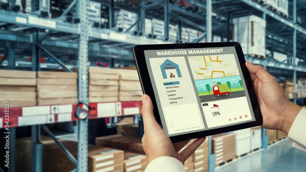 Poster warehouse management deft software in computer for real time monitoring of goods package delivery . 