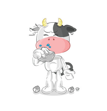 cow blowing nose character. cartoon mascot vector