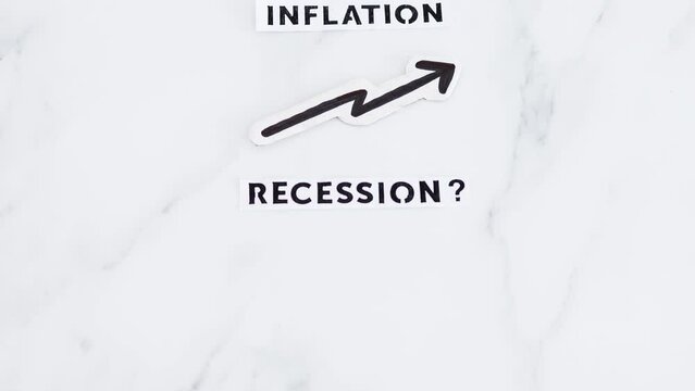 inflation with arrow going up and recession texts with question mark underneath, economic issues after the pandemic