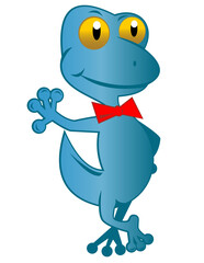 illustration of a cartoon gecko with bow tie standing isolated on white