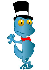 illustration of a cartoon gecko with top hat and bow tie standing isolated on white