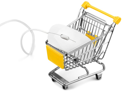 Shopping Cart with computer mouse isolated on white background