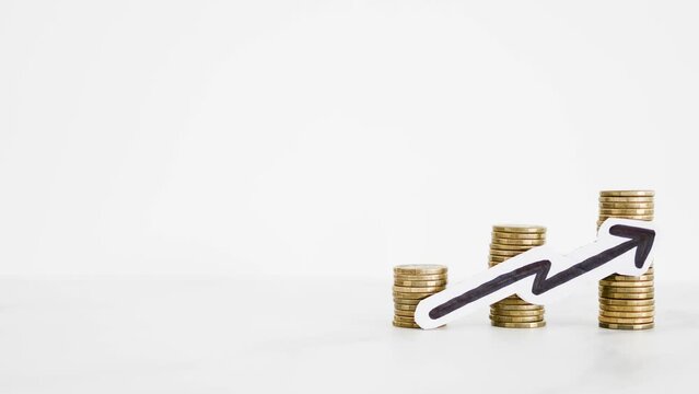 growing stacks of coins with arrow going up, prices becoming more expensive or savings and compound interests increasing