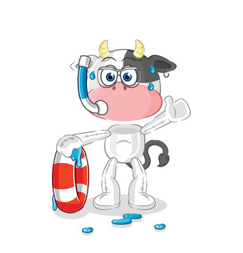 cow swimmer with buoy mascot. cartoon vector