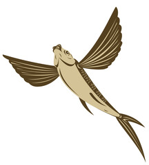 Illustration of a flying fish on isolated background done in retro style.
