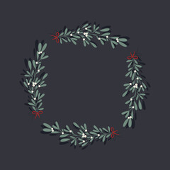 Ramka w prostym stylu. Botaniczny wzór z gałązkami jemioły i jagodami do wykorzystania na zaproszenia, świąteczne życzenia, kartki z okazji Bożego Narodzenia lub Nowego Roku.
