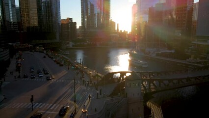 Chicago, IL USA September 1 2022: establishing aerial drone footage of Chicago downtown during sunset on a mid summer evening. the contemporary buildings are beautiful to watch for tourist  