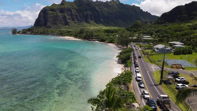 Drone view of traffic jam with many cars on the Kamehameha Highway, Kaaawa, Hawaii.