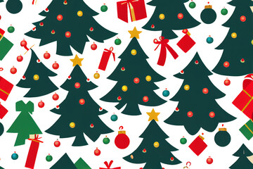seamless wrapping paper pattern with christmas trees, presents, and christmas ornaments on white background 