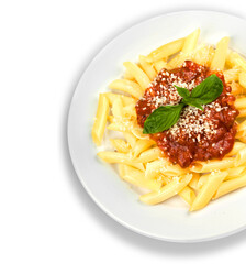 Pasta. Penne Pasta with Bolognese Sauce, Parmesan Cheese and Basil on a Fork. Italian Cuisine. Mediterranean food