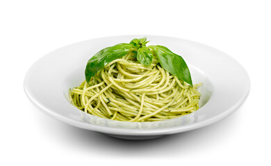 Italian pasta spaghetti with pesto sauce and basil leaf close-up