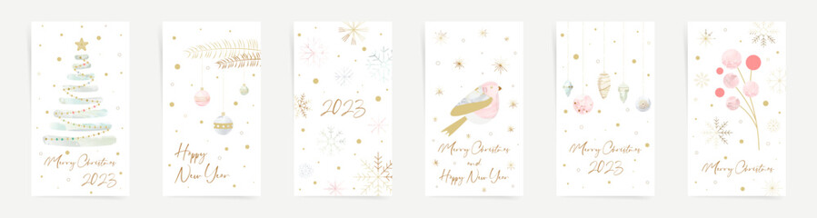 Merry Christmas and Happy New Year social media stories background set. Winter cute design templates with christmas tree, Christmas decorations, winter berries, snowflakes and abstract elements. 