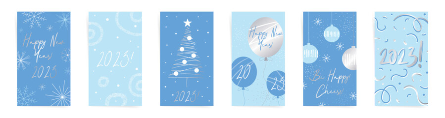 Happy Christmas winter stories banners template set. New year design for greeting, sale story posts. Design with Christmas tree, Christmas decorations, abstract shapes and snowflakes. Blue color set