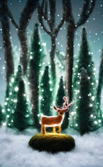 Cute wool felted Deer, standing in a pine forest night under the full moon.
Snow surrounding, falling snow.
Intervened AI generated art.