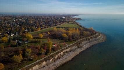 Fototapeta na wymiar Aerial high angle view of the waterfront trail near Rotary Park in Ajax Ontario