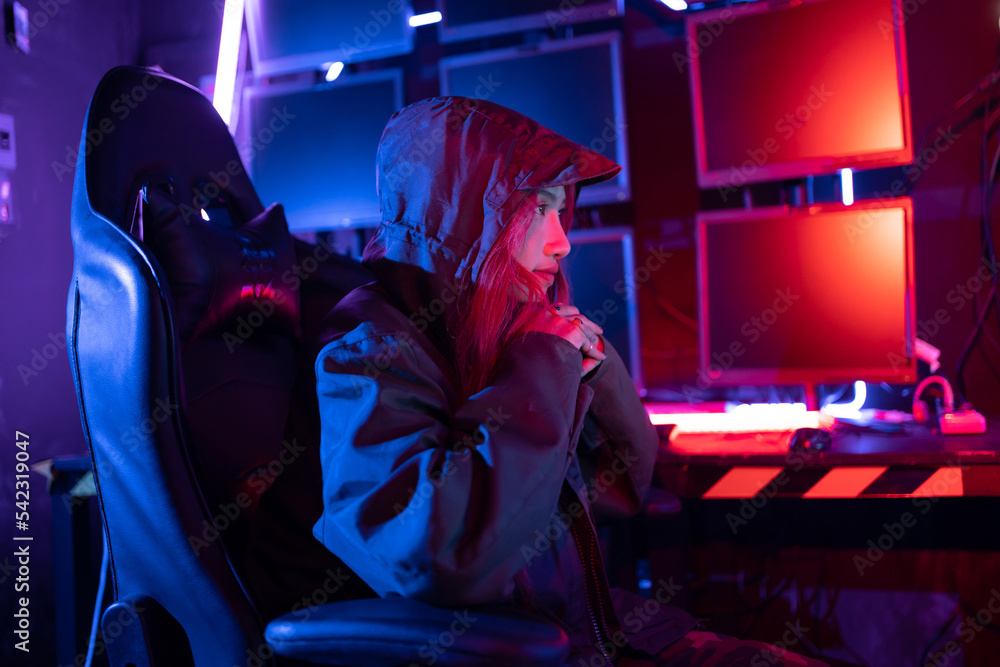 Fototapete Hack program concept. Professional woman hacker using keyboard send coding bad data and error into software computer online system and spreading to global stolen personal information.