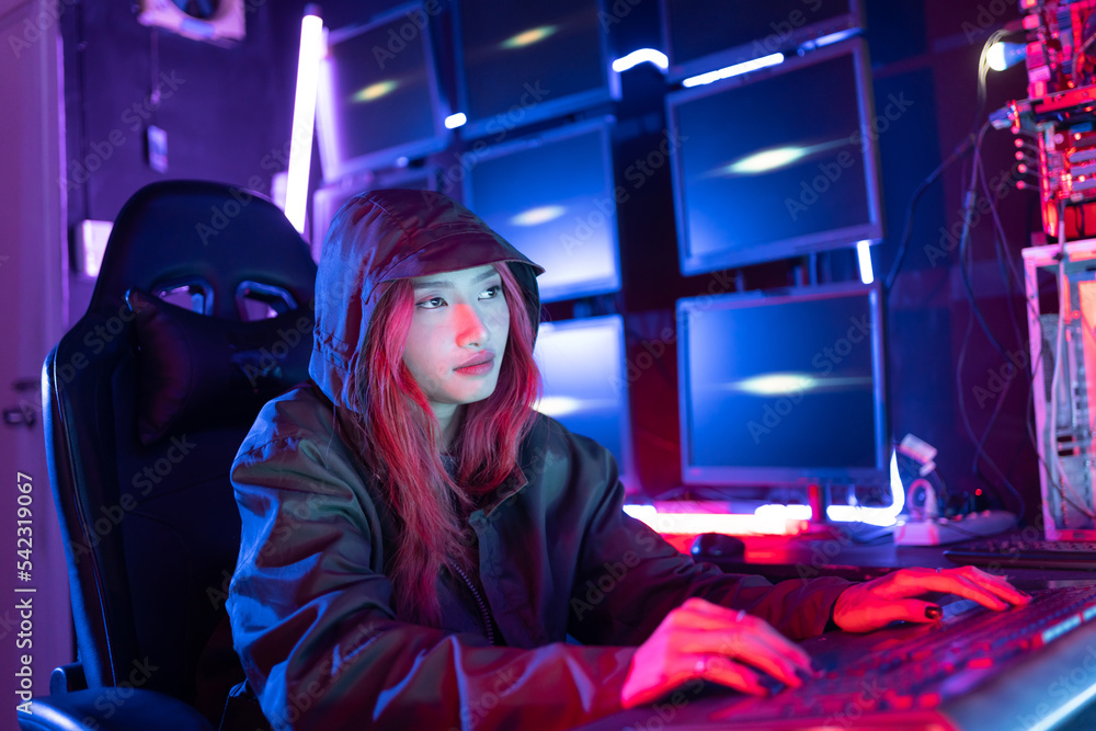 Fototapete Hack program concept. Professional woman hacker using keyboard send coding bad data and error into software computer online system and spreading to global stolen personal information.