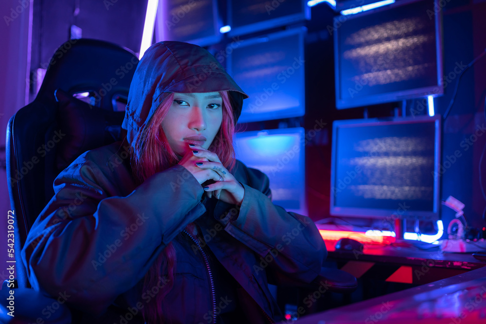 Fototapete Hack program concept. Professional woman hacker using keyboard send coding bad data and error into software computer online system and spreading to global stolen personal information.
