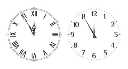 Clock showing five minutes to twelve. Merry Christmas and happy New Year 2023 background. Christmas greeting card template. Vector illustration.