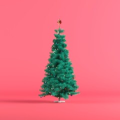 Green Christmas tree with decoration on Red color background for copy space. 3D illustration. Christmas concept idea.
