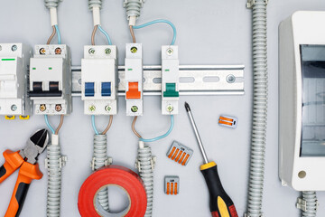 set of electric tools and equipments. work on electrical panel. concept repair electrical box.